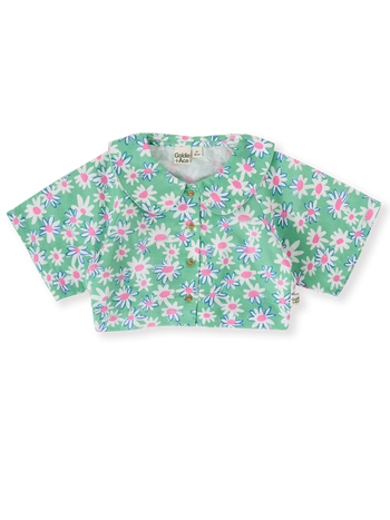 The Goldie + Ace Daisy Patch Abigail Blouse in Moss pictured on a transparent background. The material is breathable cotton-linen blend. It is a top made for babies, toddlers and kids.