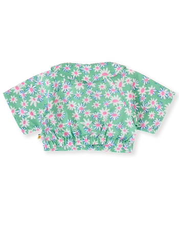 The Goldie + Ace Daisy Patch Abigail Blouse in Moss pictured on a transparent background. The material is breathable cotton-linen blend. It is a top made for babies, toddlers and kids.