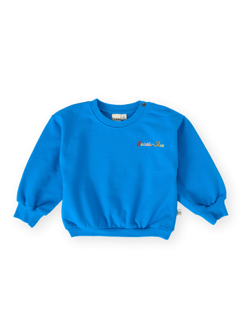 The Goldie + Ace Ellis Terry Sweater in Electric Blue pictured on a transparent background. The material is 100% cotton. It is a sweater made for babies, toddlers and kids.