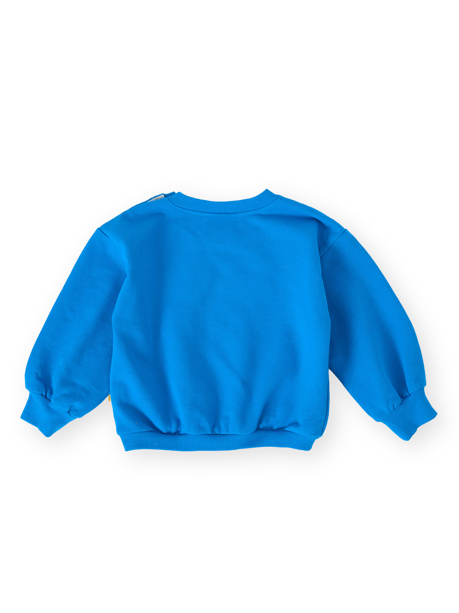 The Goldie + Ace Ellis Terry Sweater in Electric Blue pictured on a transparent background. The material is 100% cotton. It is a sweater made for babies, toddlers and kids.