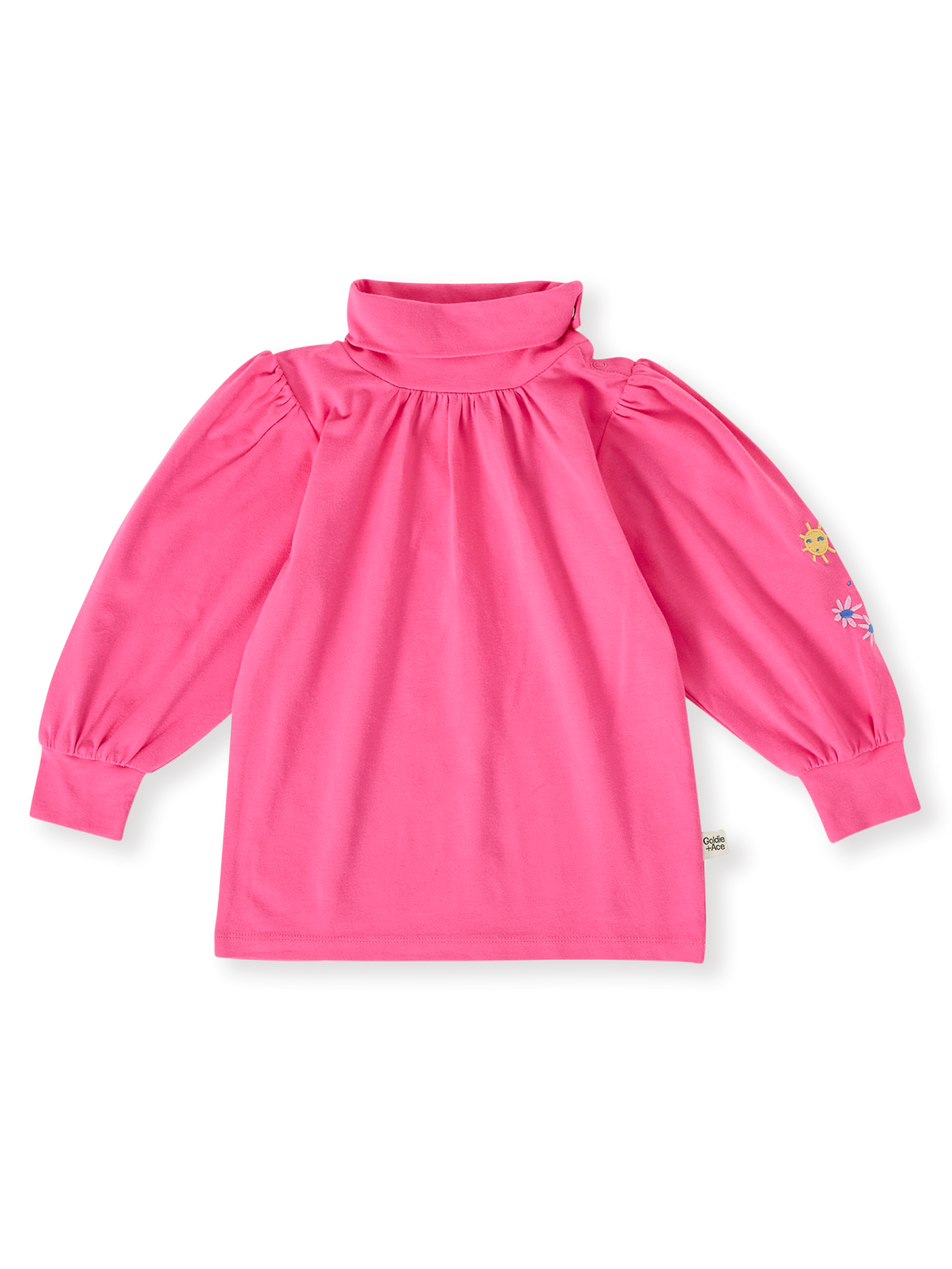 The Goldie + Ace Sofia Embroidered Puff Sleeve Skivvy in French Rose pictured on a transparent background. The material is cotton jersey. It is a top made for babies, toddlers and kids.