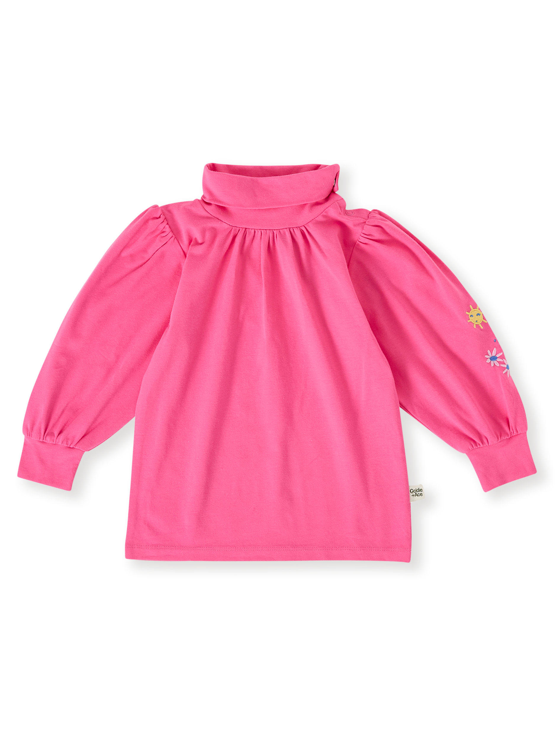 The Goldie + Ace Sofia Embroidered Puff Sleeve Skivvy in French Rose pictured on a transparent background. The material is cotton jersey. It is a top made for babies, toddlers and kids.