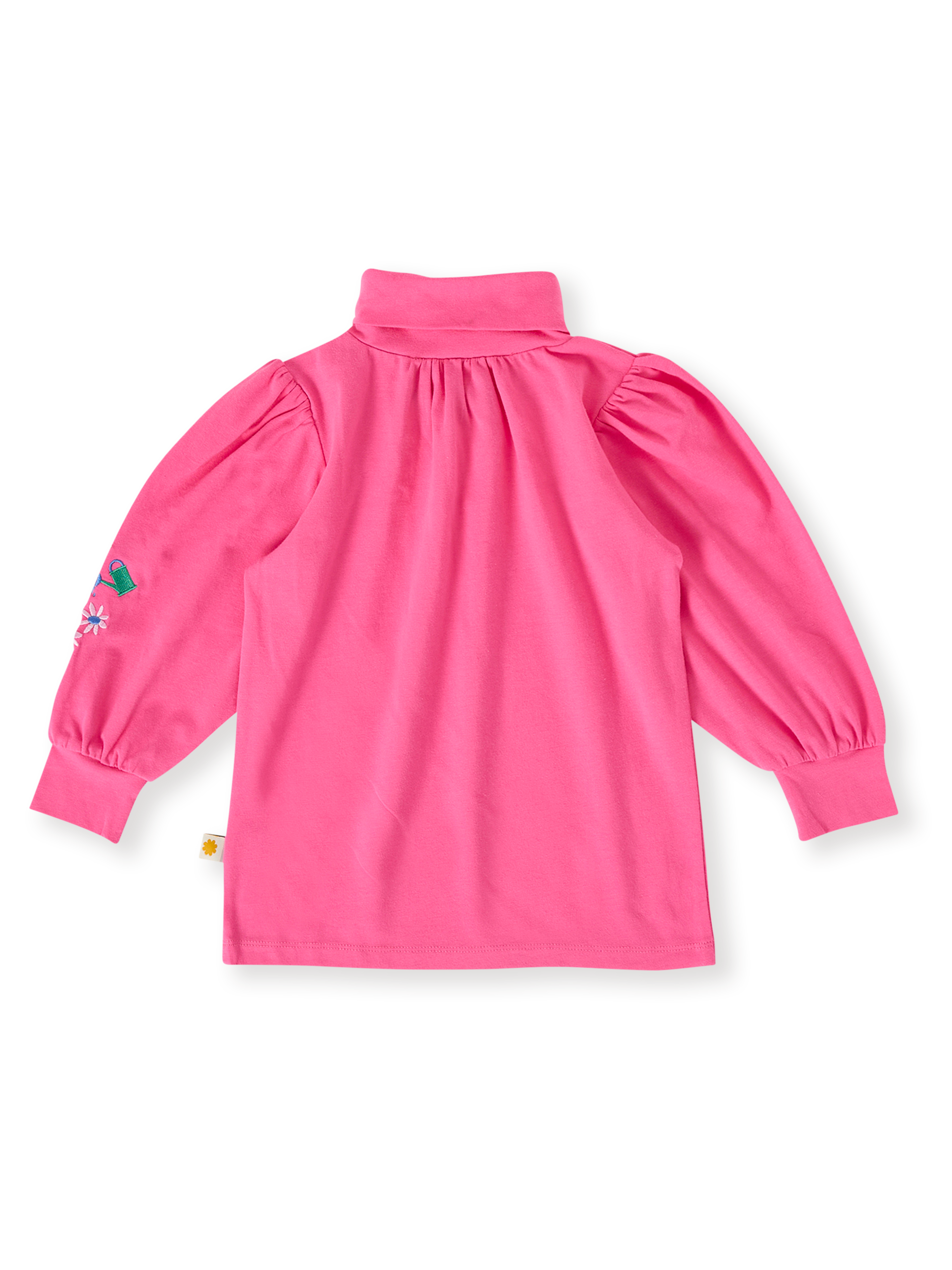 The Goldie + Ace Sofia Embroidered Puff Sleeve Skivvy in French Rose pictured on a transparent background. The material is cotton jersey. It is a top made for babies, toddlers and kids.