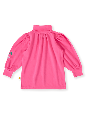 The Goldie + Ace Sofia Embroidered Puff Sleeve Skivvy in French Rose pictured on a transparent background. The material is cotton jersey. It is a top made for babies, toddlers and kids.