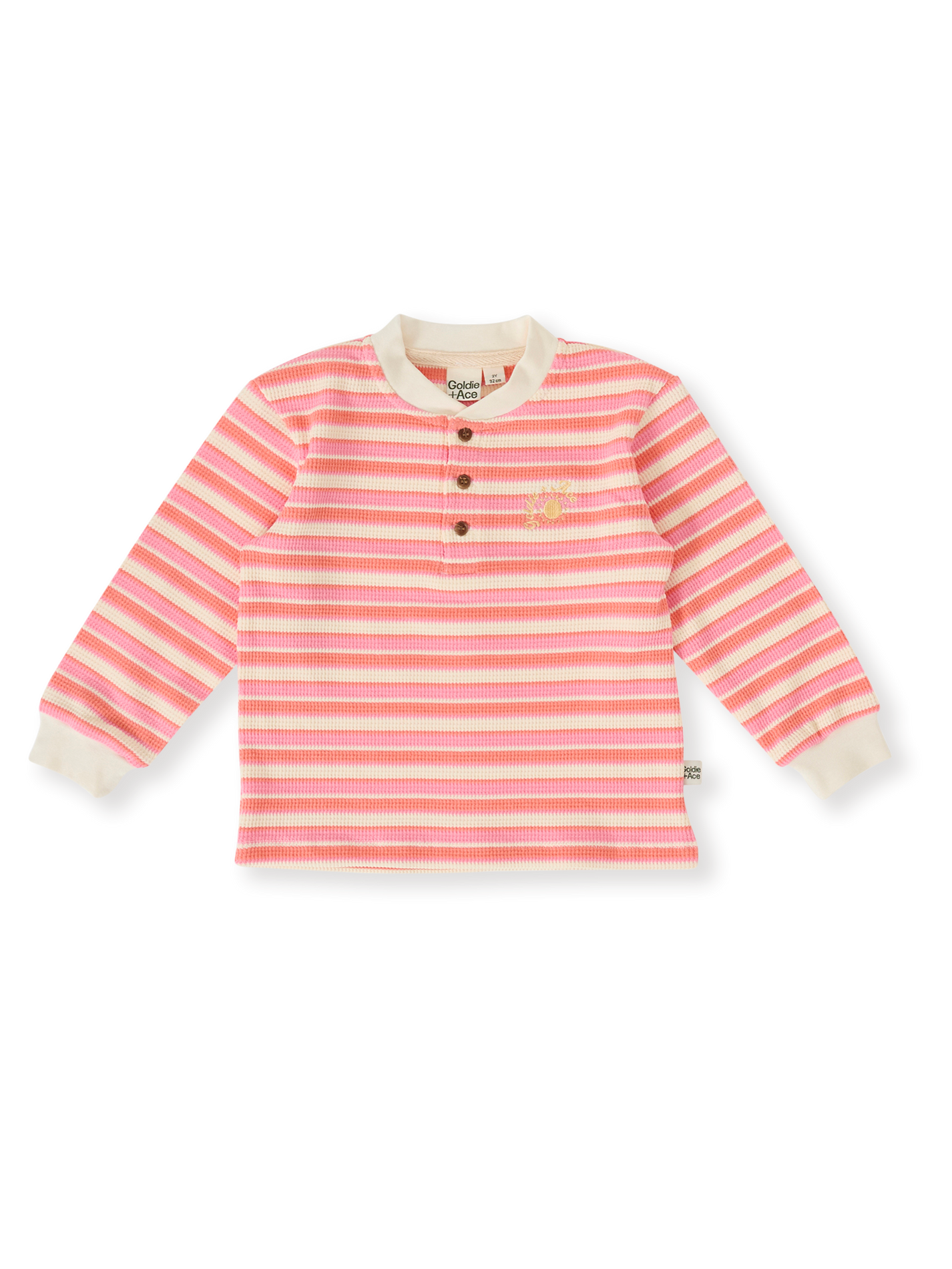 The Goldie + Ace Watermelon Stripe Long Sleeve Top in Pink/Peach pictured on a transparent background. The material is 100% cotton. It is a top made for babies, toddlers and kids.