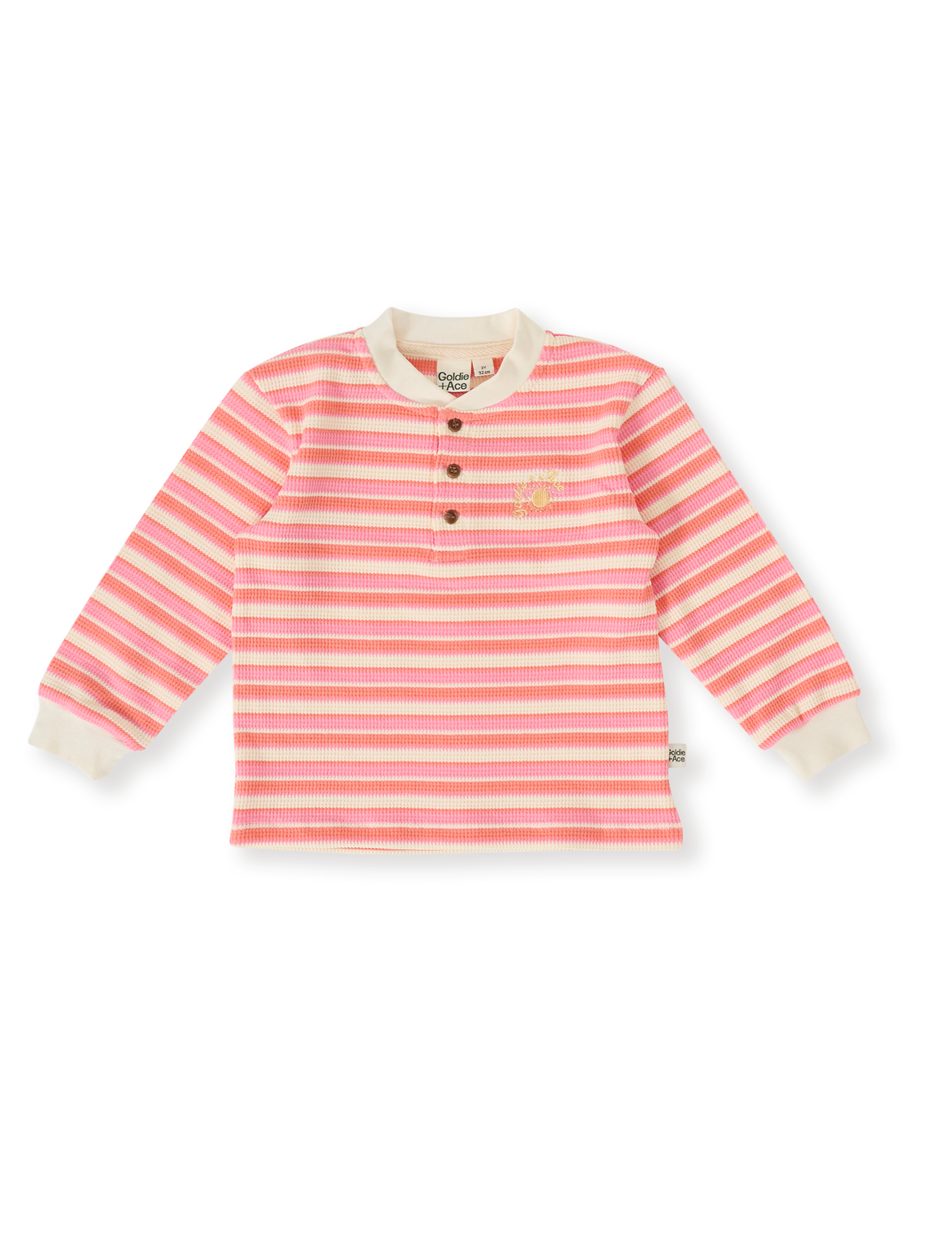 The Goldie + Ace Watermelon Stripe Long Sleeve Top in Pink/Peach pictured on a transparent background. The material is 100% cotton. It is a top made for babies, toddlers and kids.