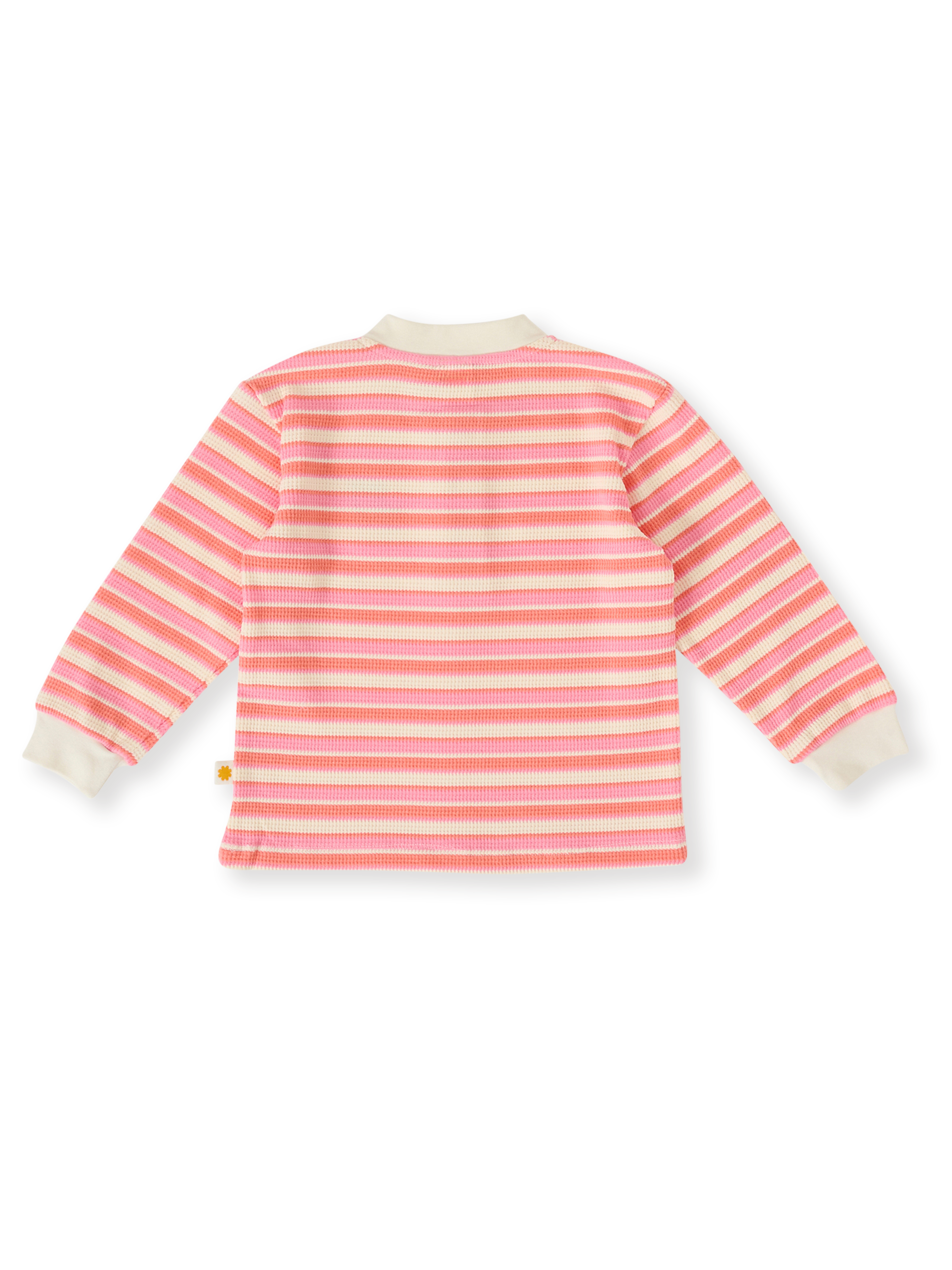 The Goldie + Ace Watermelon Stripe Long Sleeve Top in Pink/Peach pictured on a transparent background. The material is 100% cotton. It is a top made for babies, toddlers and kids.