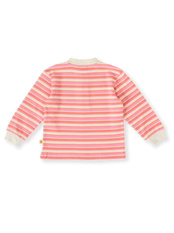 The Goldie + Ace Watermelon Stripe Long Sleeve Top in Pink/Peach pictured on a transparent background. The material is 100% cotton. It is a top made for babies, toddlers and kids.