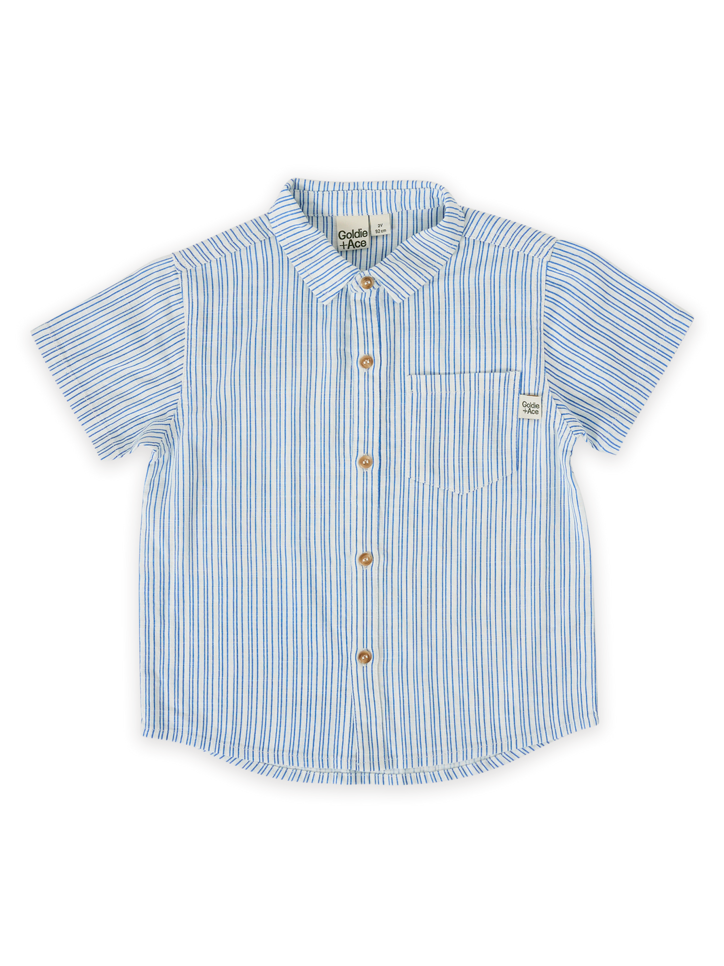 The Goldie + Ace Sailor Stripe Holiday Shirt in Ocean/Ivory pictured on a transparent background. The material is soft and breathable rayon-linen blend. It is a top made for babies, toddlers and kids.