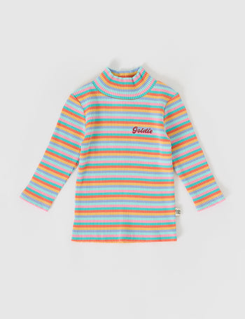 The Goldie + Ace Embroidered Rib Skivvy in Candy Stripe pictured on a grey background. The material is soft ribbed cotton elastane. It is a top made for babies, toddlers and kids.