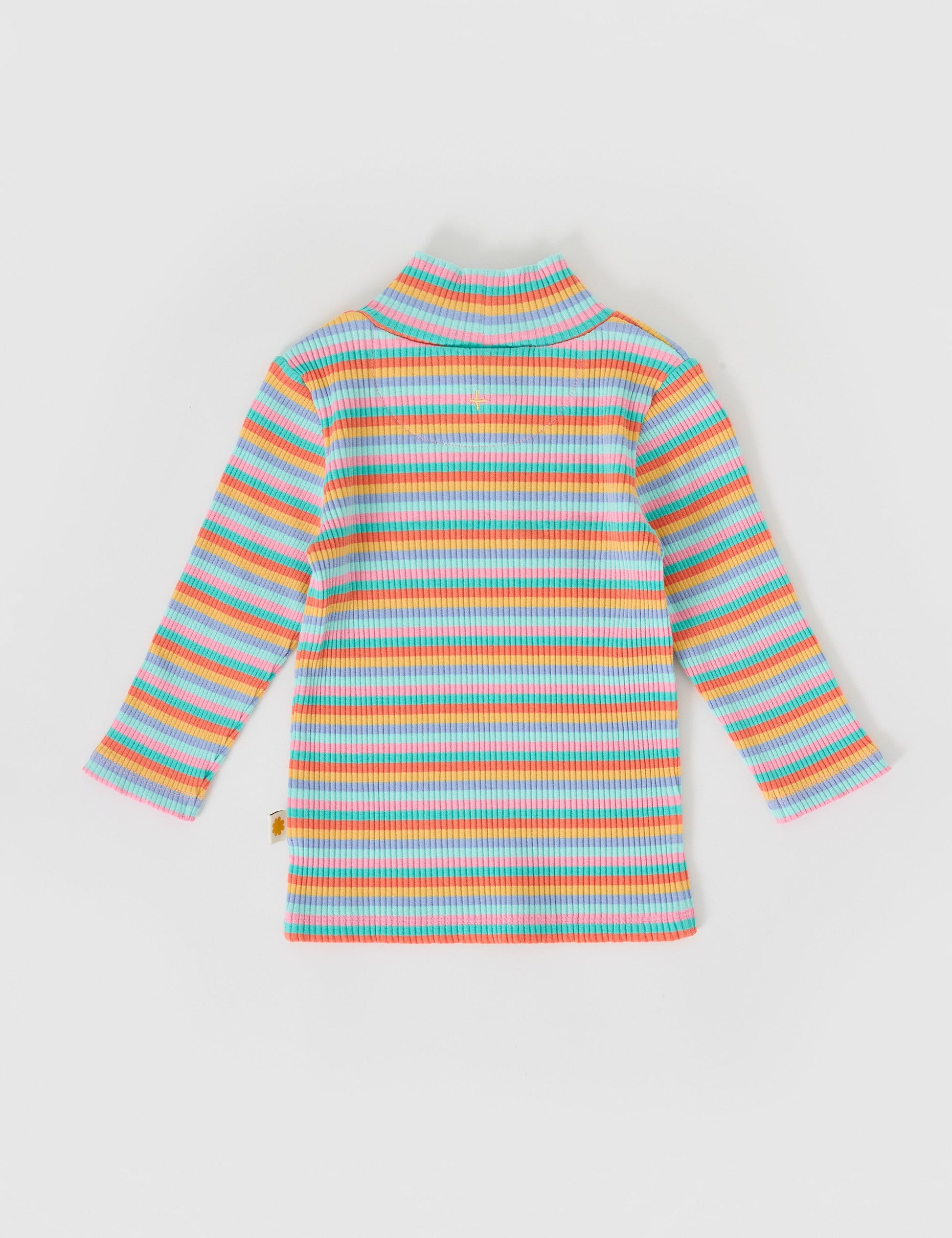 The Goldie + Ace Embroidered Rib Skivvy in Candy Stripe pictured on a grey background. The material is soft ribbed cotton elastane. It is a top made for babies, toddlers and kids.