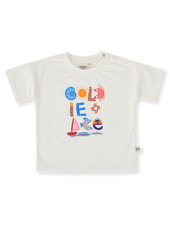 The Goldie + Ace G'Day From The Bay T-Shirt in White pictured on a transparent background. The material is 100% cotton. It is a top made for babies, toddlers and kids.