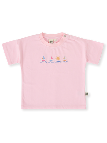 The Goldie + Ace Seaside Sailing T-Shirt in Candy pictured on a transparent background. The material is 100% cotton. It is a top made for babies, toddlers and kids.