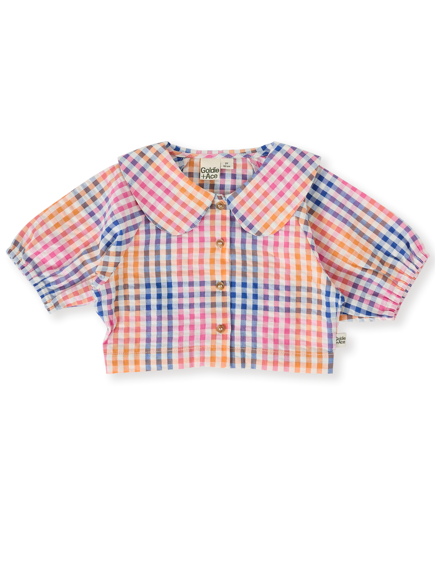 The Goldie + Ace Rainbow Gingham Beatrice Blouse in Multi pictured on a transparent background. The material is 100% cotton. It is a top made for babies, toddlers and kids.