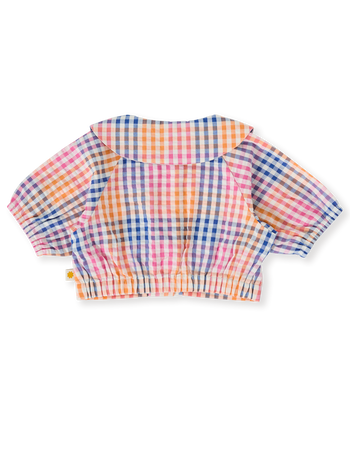 The Goldie + Ace Rainbow Gingham Beatrice Blouse in Multi pictured on a transparent background. The material is 100% cotton. It is a top made for babies, toddlers and kids.