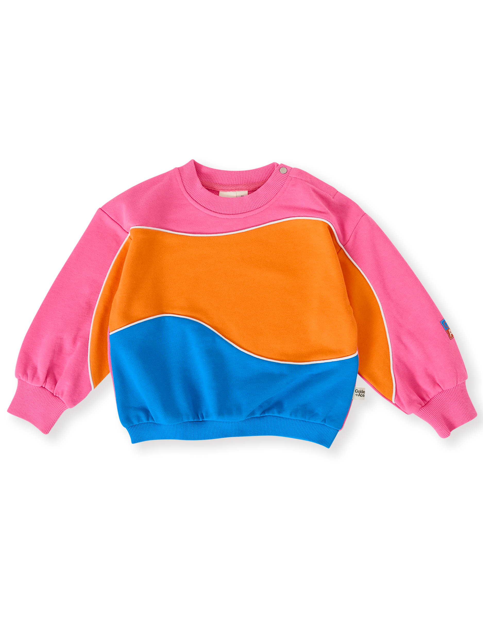 The Goldie + Ace Nash Piped Panel Sweatshirt in Sunrise pictured on a transparent background. The material is 100% cotton. It is a top made for babies, toddlers and kids.