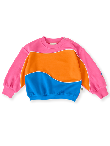 The Goldie + Ace Nash Piped Panel Sweatshirt in Sunrise pictured on a transparent background. The material is 100% cotton. It is a top made for babies, toddlers and kids.
