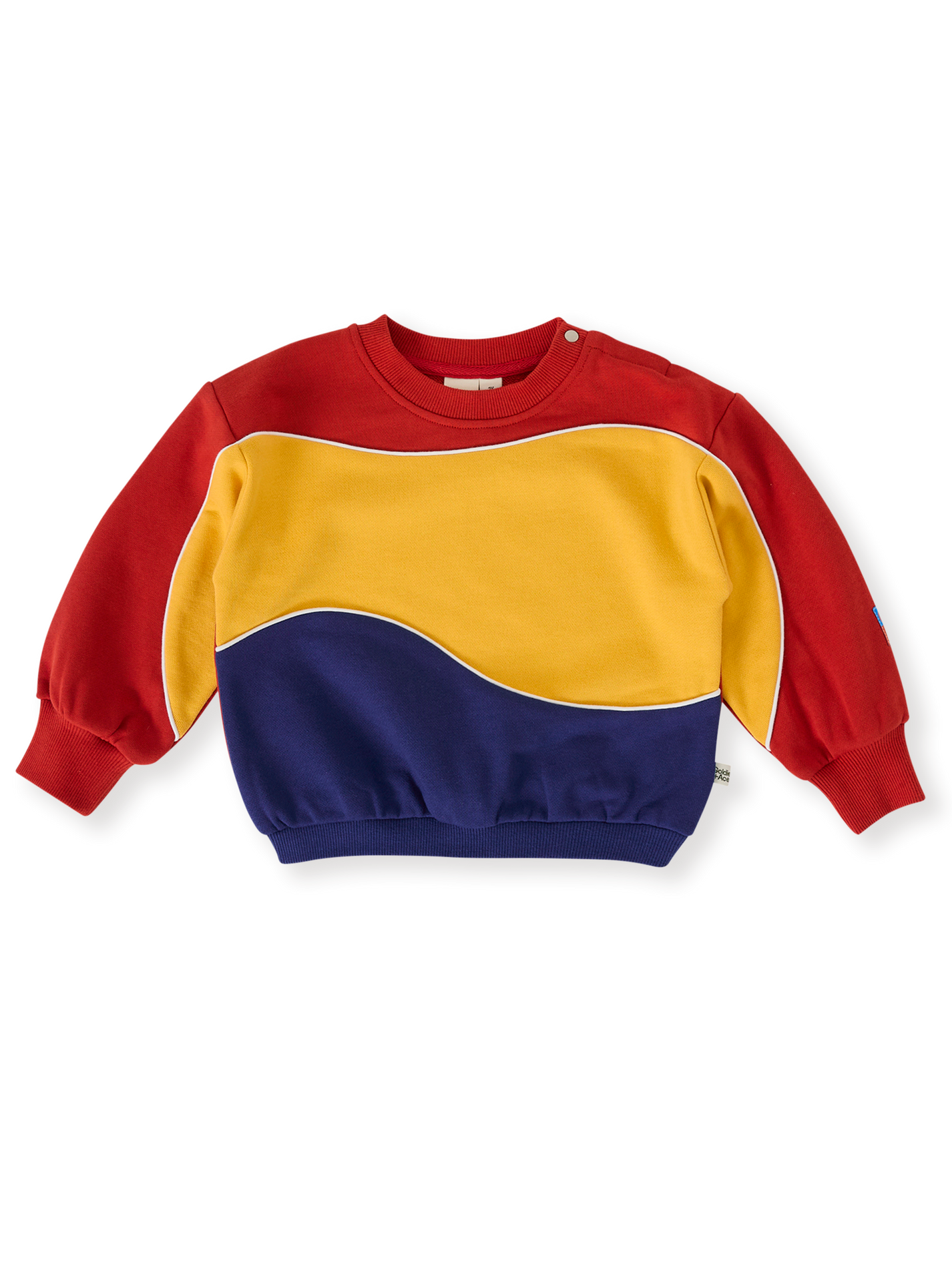 The Goldie + Ace Nash Piped Panel Sweatshirt in Outback pictured on a transparent background. The material is 100% cotton. It is a top made for babies, toddlers and kids.