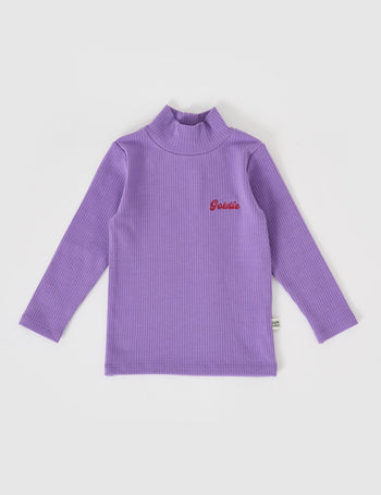 The Goldie + Ace Embroidered Rib Skivvy Grape in Grape pictured on a grey background. The material is soft ribbed cotton elastane. It is a top made for babies, toddlers and kids.