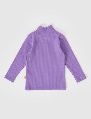 The Goldie + Ace Embroidered Rib Skivvy Grape in Grape pictured on a grey background. The material is soft ribbed cotton elastane. It is a top made for babies, toddlers and kids.