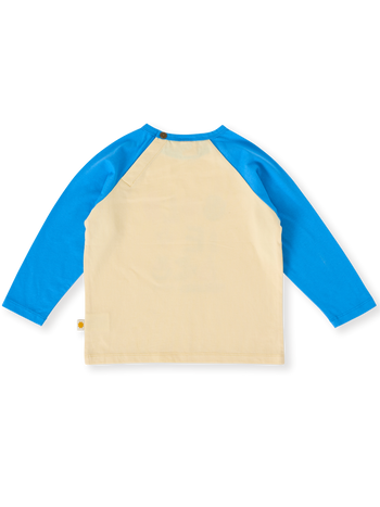 The Goldie + Ace G'Day From The Bay Long Sleeve Top in Vanilla/Blue pictured on a transparent background. The material is 100% cotton. It is a top made for babies, toddlers and kids.