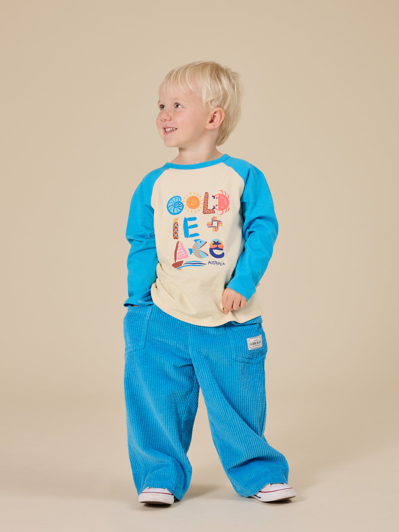 The Goldie + Ace Arlo Wide Leg Corduroy Pocket Pant in Lake pictured on a transparent background. The material is 100% cotton. It is a bottom made for babies, toddlers and kids.