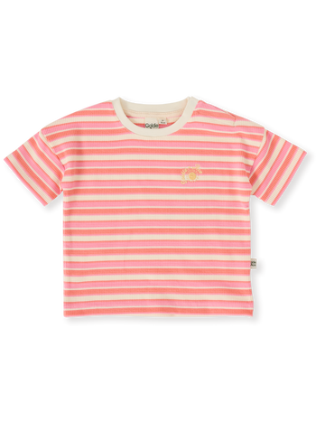 The Goldie + Ace Watermelon Stripe T-Shirt in Pink/Peach pictured on a transparent background. The material is 100% cotton. It is a top made for babies, toddlers and kids.