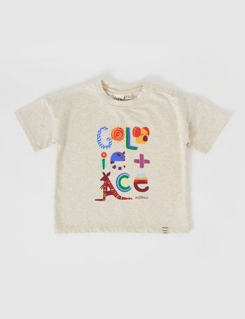 The Goldie + Ace Land Down Under T-Shirt in Marle pictured on a grey background. The material is cotton jersey. It is a top made for babies, toddlers and kids.