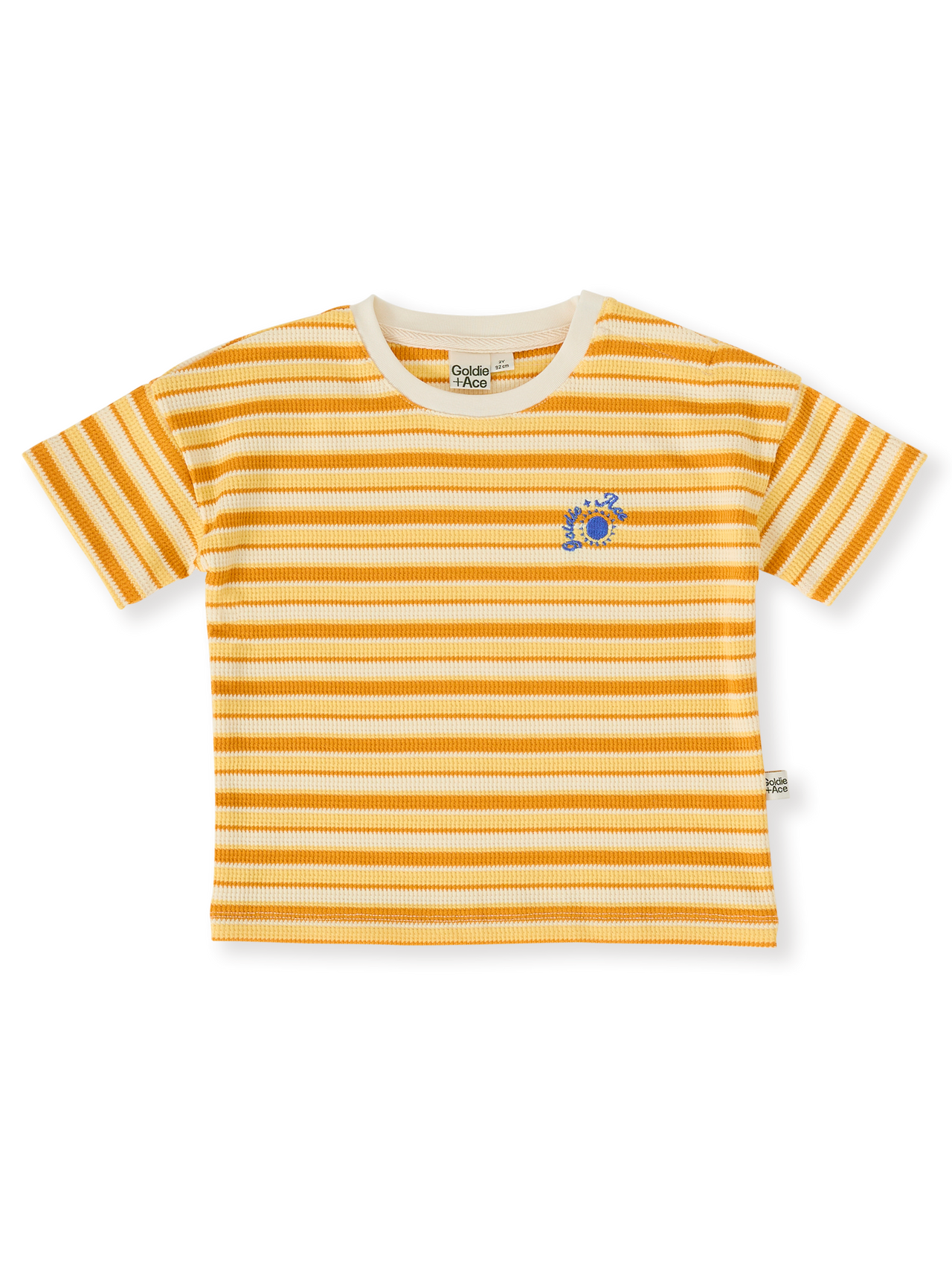 The Goldie + Ace Sunshine Stripe T-Shirt in Lemon/Golden pictured on a transparent background. The material is 100% cotton. It is a top made for babies, toddlers and kids.