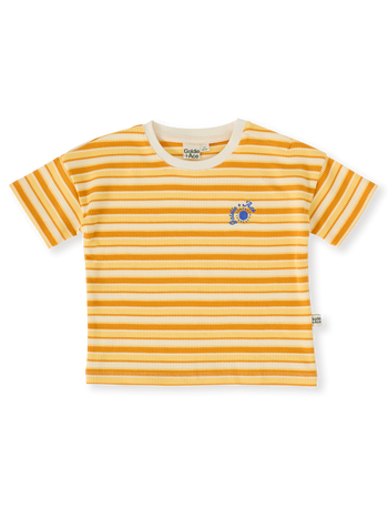 The Goldie + Ace Sunshine Stripe T-Shirt in Lemon/Golden pictured on a transparent background. The material is 100% cotton. It is a top made for babies, toddlers and kids.