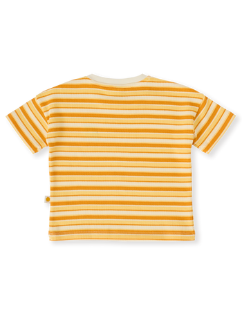 The Goldie + Ace Sunshine Stripe T-Shirt in Lemon/Golden pictured on a transparent background. The material is 100% cotton. It is a top made for babies, toddlers and kids.