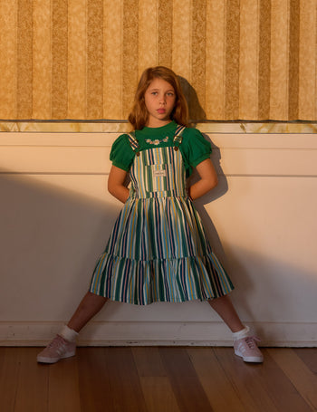 Evergreen Stripe Tully Tiered Pinafore Dress