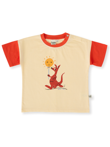 The Goldie + Ace Hop Skip Jump T-Shirt in Vanilla/Apple Red pictured on a transparent background. The material is 100% cotton. It is a top made for babies, toddlers and kids.