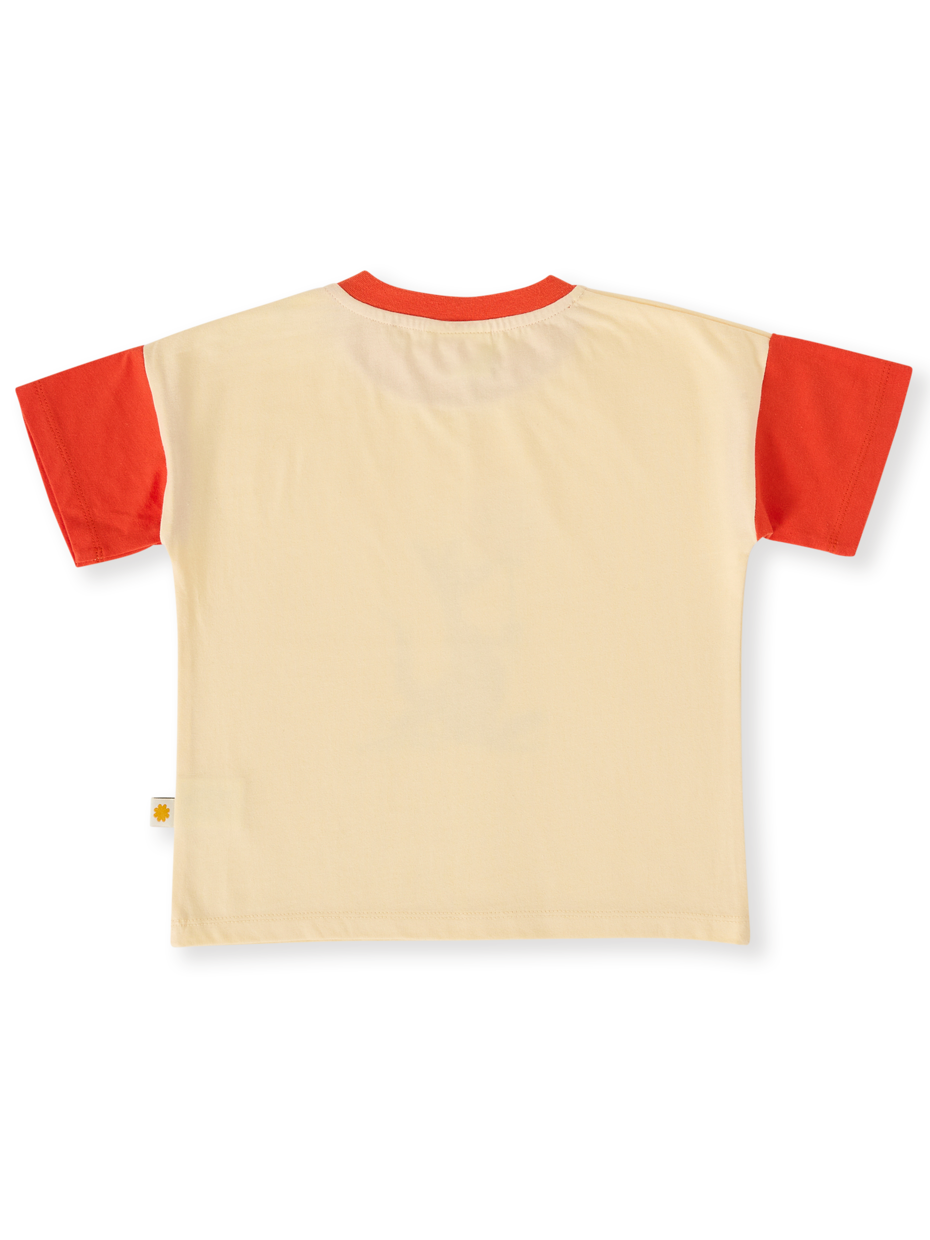 The Goldie + Ace Hop Skip Jump T-Shirt in Vanilla/Apple Red pictured on a transparent background. The material is 100% cotton. It is a top made for babies, toddlers and kids.