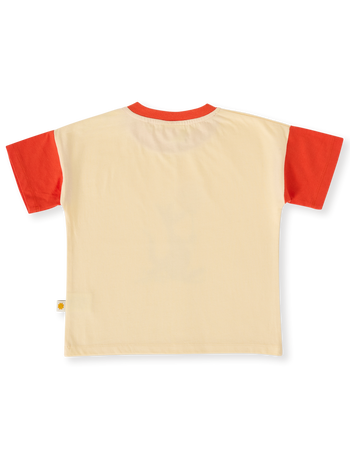 The Goldie + Ace Hop Skip Jump T-Shirt in Vanilla/Apple Red pictured on a transparent background. The material is 100% cotton. It is a top made for babies, toddlers and kids.