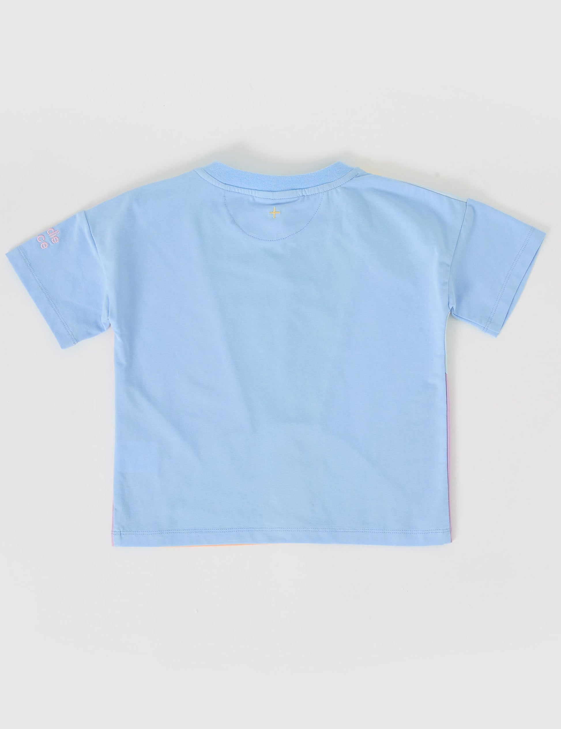 The Goldie + Ace Byron T-Shirt in Pastel Multi pictured on a grey background. The material is cotton jersey. It is a top made for babies, toddlers and kids.