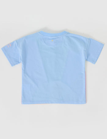 The Goldie + Ace Byron T-Shirt in Pastel Multi pictured on a grey background. The material is cotton jersey. It is a top made for babies, toddlers and kids.