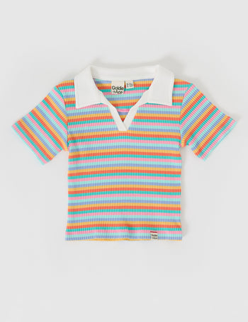 The Goldie + Ace Pia Collared T-Shirt in Candy Stripe pictured on a grey background. The material is soft ribbed cotton elastane. It is a top made for babies, toddlers and kids.