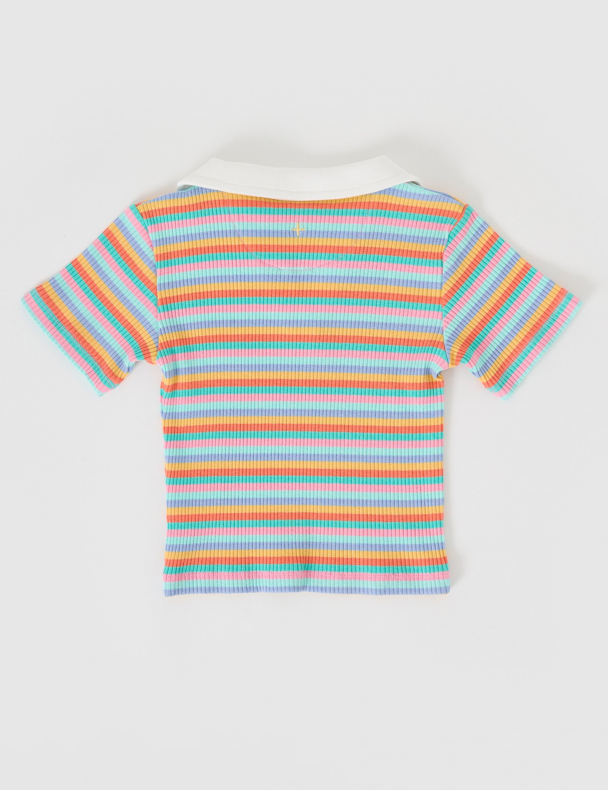 The Goldie + Ace Pia Collared T-Shirt in Candy Stripe pictured on a grey background. The material is soft ribbed cotton elastane. It is a top made for babies, toddlers and kids.