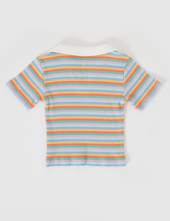 The Goldie + Ace Pia Collared T-Shirt in Candy Stripe pictured on a grey background. The material is soft ribbed cotton elastane. It is a top made for babies, toddlers and kids.