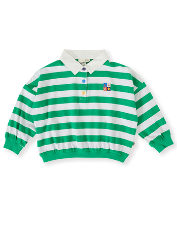The Goldie + Ace Wide Stripe Relaxed Rugby Sweat Top in Forest/Cloud pictured on a transparent background. The material is cotton jersey. It is a top made for babies, toddlers and kids.