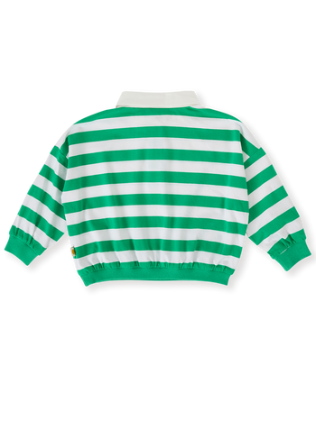 The Goldie + Ace Wide Stripe Relaxed Rugby Sweat Top in Forest/Cloud pictured on a transparent background. The material is cotton jersey. It is a top made for babies, toddlers and kids.
