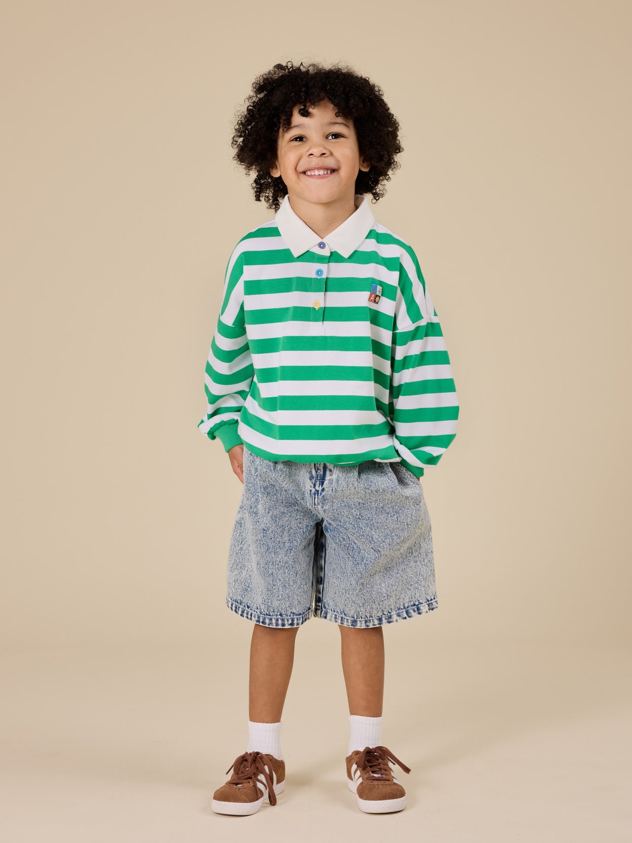 The Goldie + Ace Kirby Relaxed Denim Shorts in Light Denim pictured on a transparent background. The material is cotton. It is a bottom made for babies, toddlers and kids.