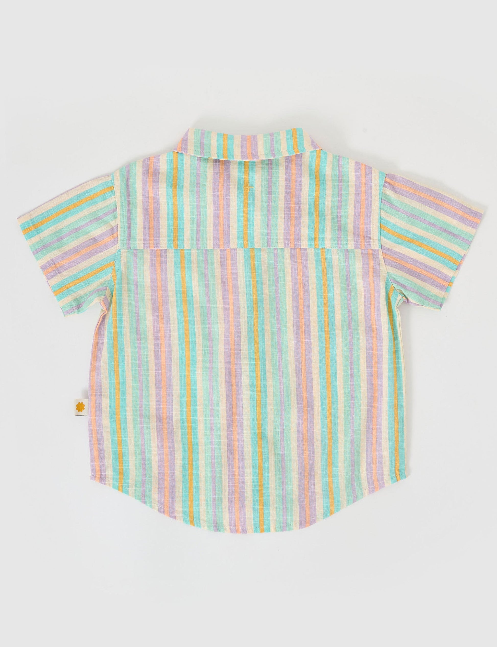 The Goldie + Ace Holiday Linen Shirt in Resort Stripe pictured on a grey background. The material is linen. It is a top made for babies, toddlers and kids.