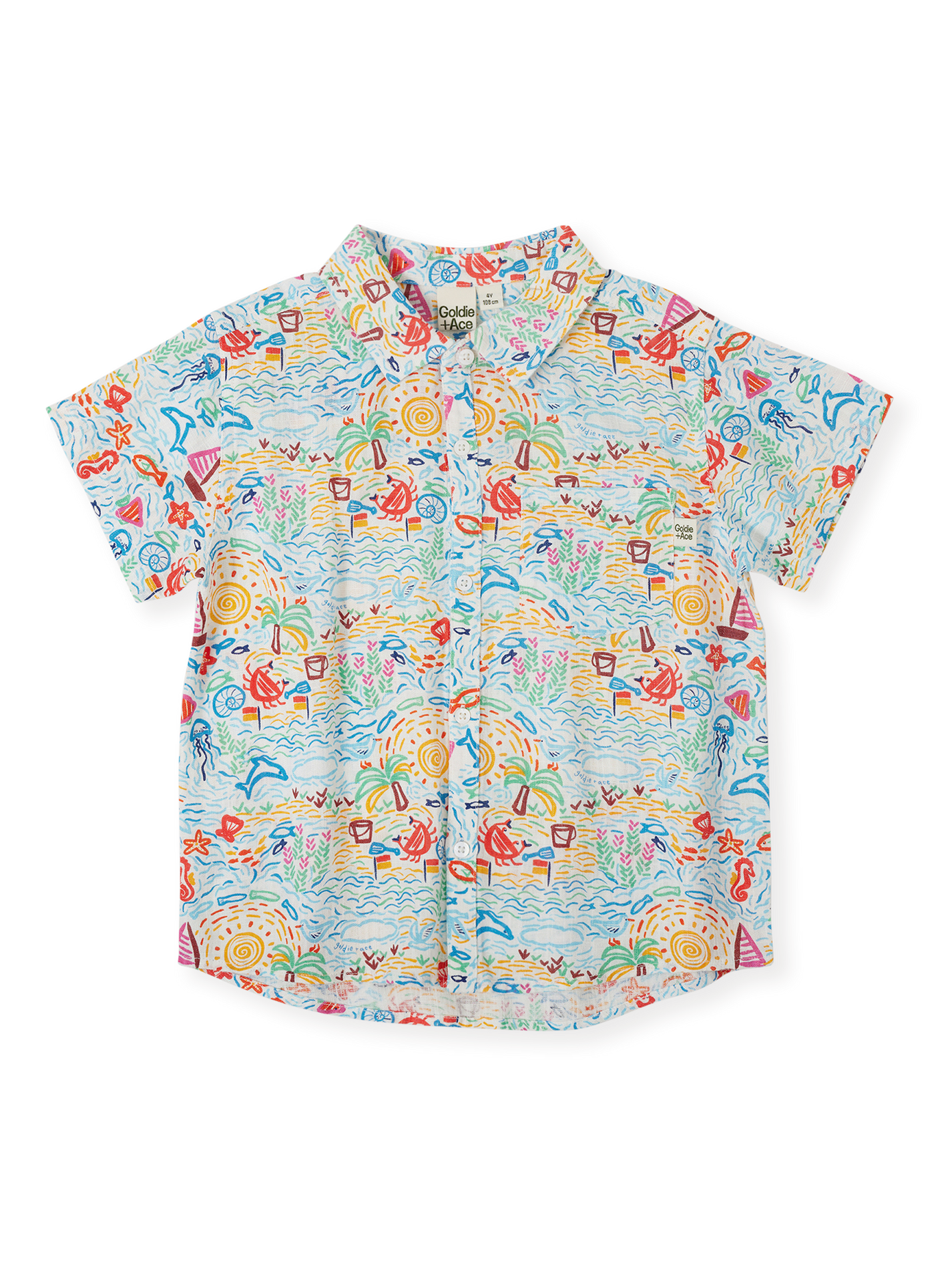The Goldie + Ace Summer Bay Holiday Shirt in Multi pictured on a transparent background. The material is linen blend. It is a top made for babies, toddlers and kids.