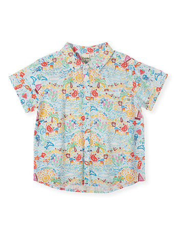 The Goldie + Ace Summer Bay Holiday Shirt in Multi pictured on a transparent background. The material is linen blend. It is a top made for babies, toddlers and kids.
