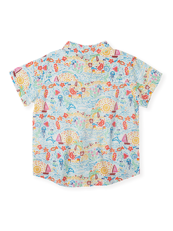 The Goldie + Ace Summer Bay Holiday Shirt in Multi pictured on a transparent background. The material is linen blend. It is a top made for babies, toddlers and kids.