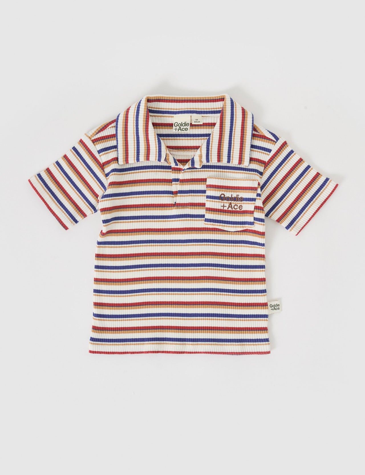 The Goldie + Ace Outback Stripe Rib Polo Shirt in Outback Stripe pictured on a grey background. The material is ribbed cotton. It is a top made for babies, toddlers and kids.