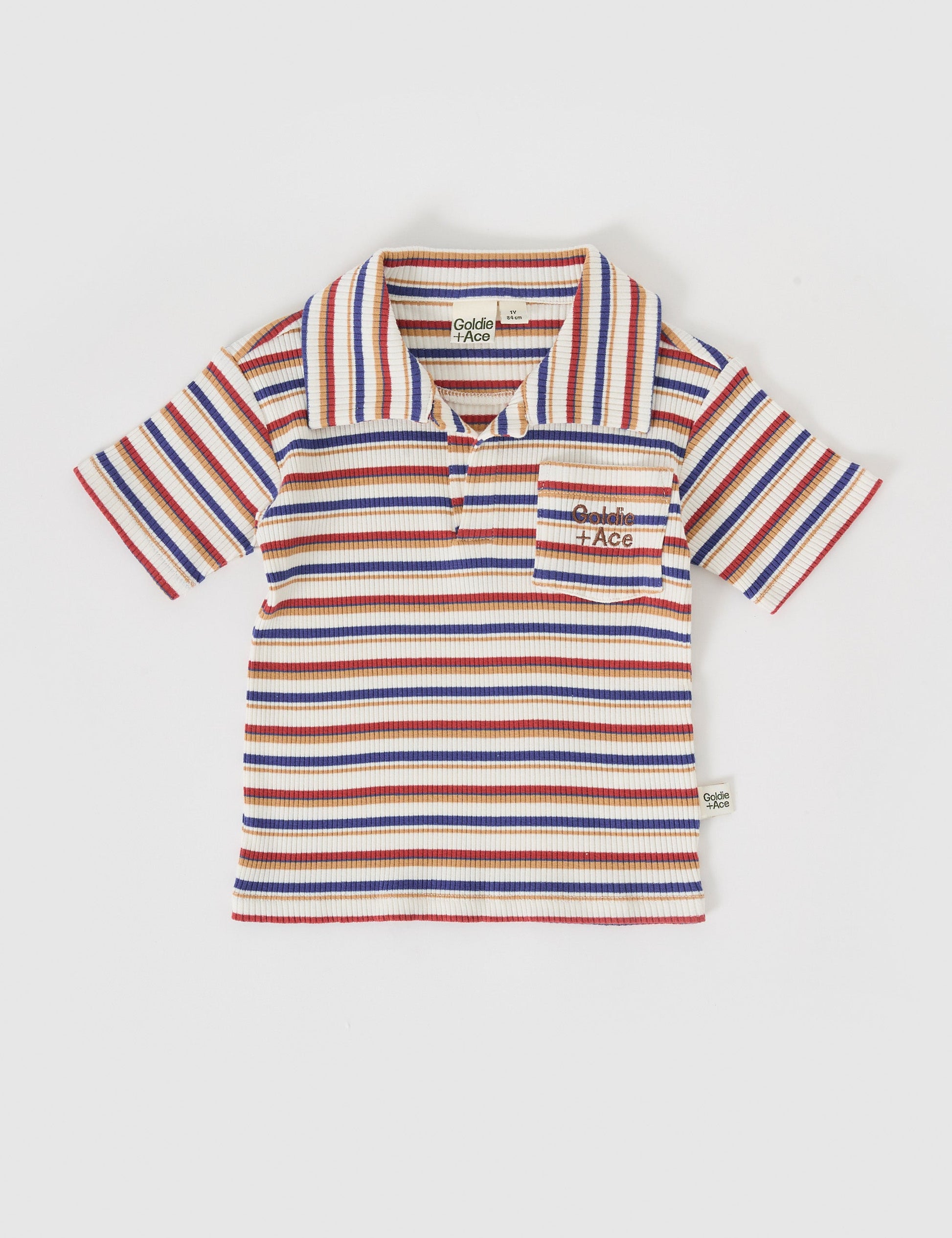 The Goldie + Ace Outback Stripe Rib Polo Shirt in Outback Stripe pictured on a grey background. The material is ribbed cotton. It is a top made for babies, toddlers and kids.