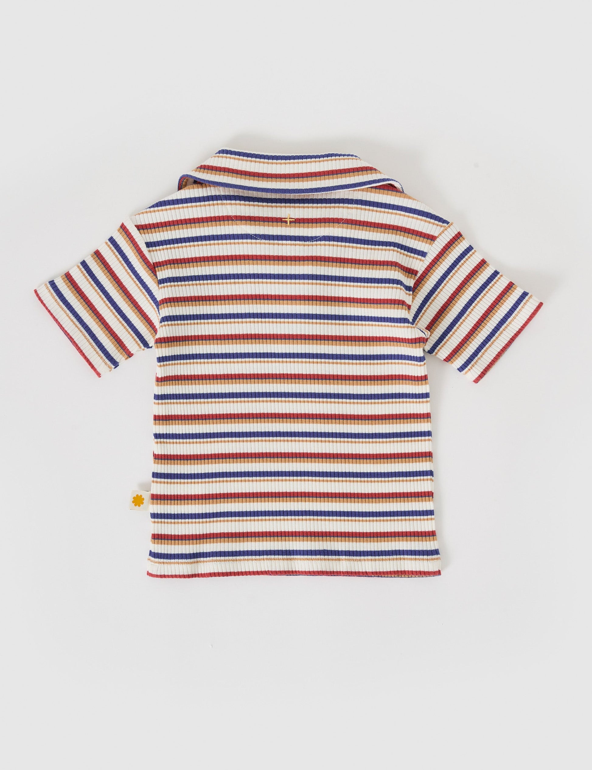 The Goldie + Ace Outback Stripe Rib Polo Shirt in Outback Stripe pictured on a grey background. The material is ribbed cotton. It is a top made for babies, toddlers and kids.